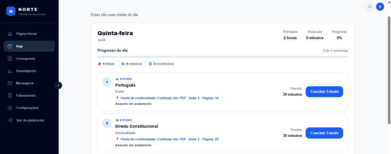 Página Hoje real do Norte Concursos com as metas diárias